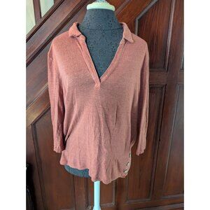Tahari Rust Linen Long Sleeve Collared V-Neck Top W/ Button Detail Womens M